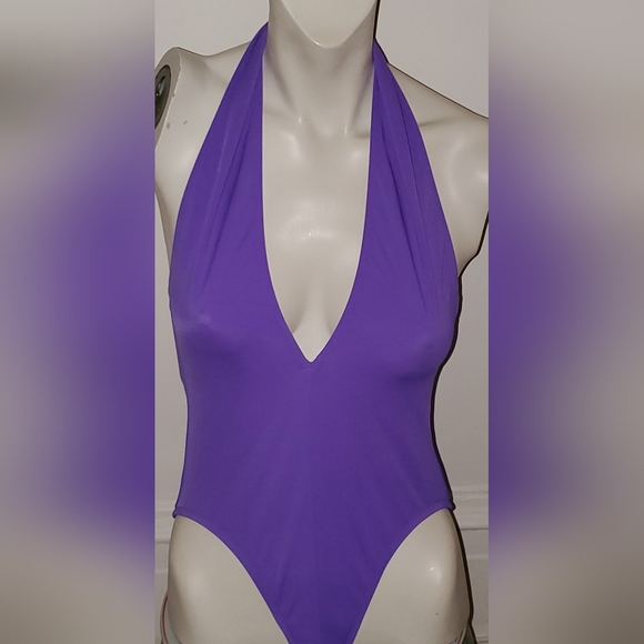 NORMA KAMALI OMO VIOLET PURPLE ๐ ONE PIECE SWIMSUIT MAILLOT PLUNGING NECKLINE - Picture 2 of 16